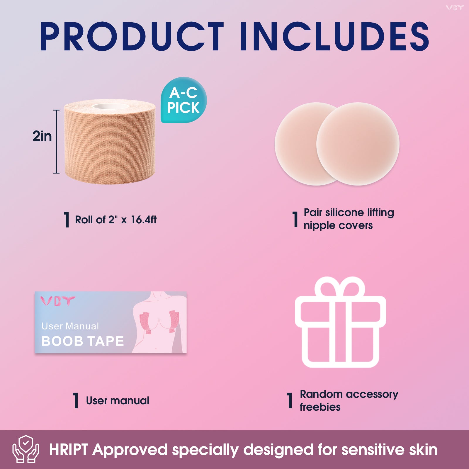 VBT Beige Boob Tape Set- Breast Lift Tape & Nipple Covers, A-G Cup, Standard