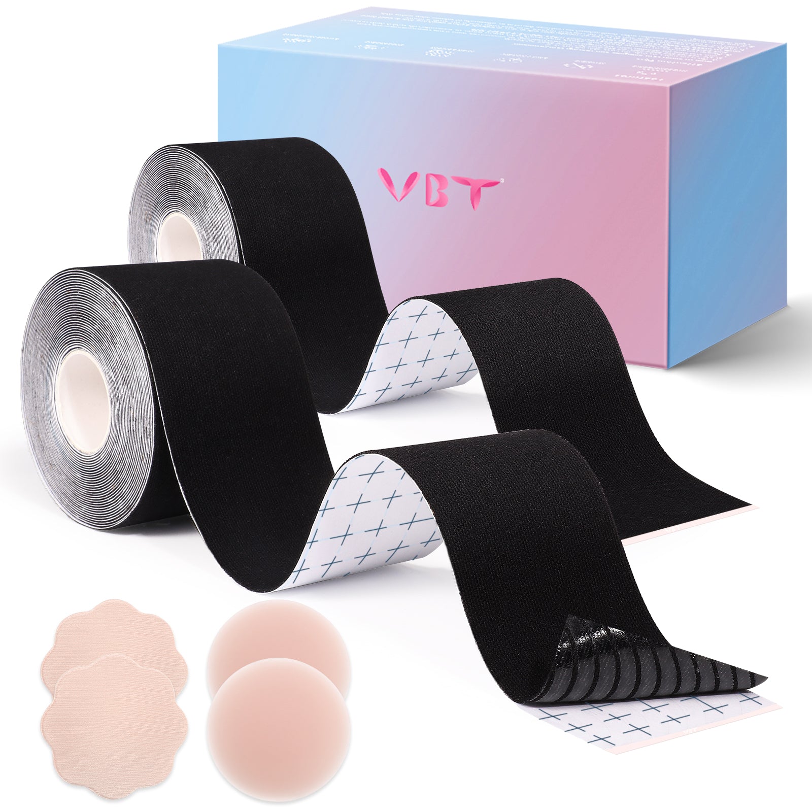 VBT Black Boob Tape Kit- Breast Lift Tape & 2 Pcs Nipple Covers, A-G Cup, Plus