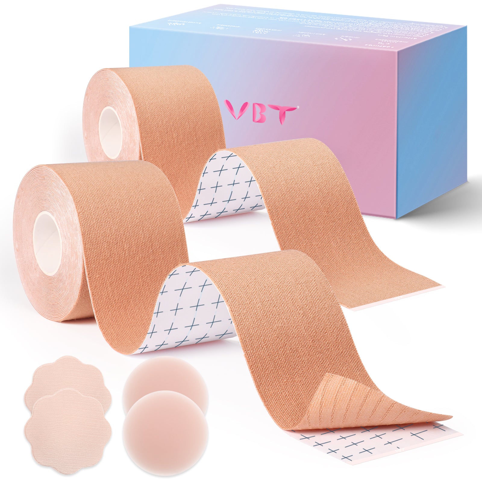 VBT Beige Boob Tape Kit- Breast Lift Tape & 2 Pcs Nipple Covers, A-G Cup, Plus