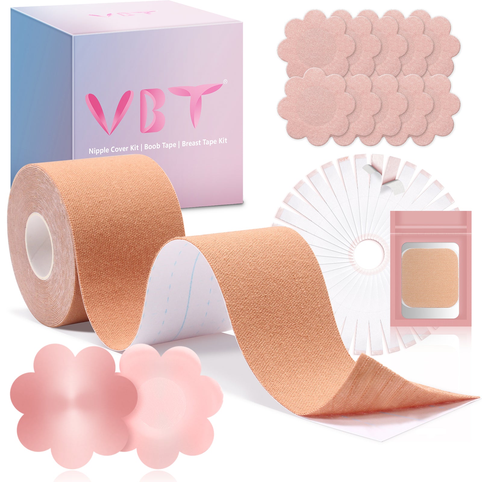 VBT Boob Tape Kit for A-G-1 Breast Lift Tape, 5 Pairs of Breast Petals, 1 Pair of Nipple Stickers, 36 PCS Double Sided Clothing Tape, Standard
