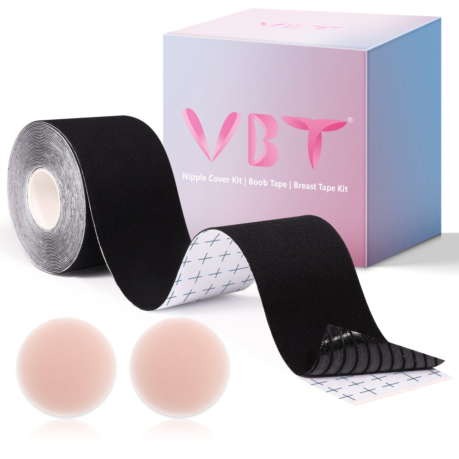 VBT Black Boob Tape Set- Breast Lift Tape & Nipple Covers, A-G Cup, Standard