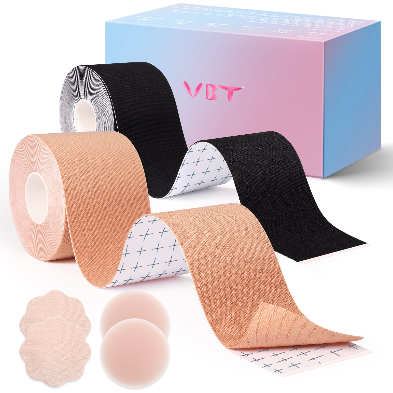 VBT Mixed Color Boob Tape Kit- Breast Lift Tape & 2 Pcs Nipple Covers, A-G Cup, Plus