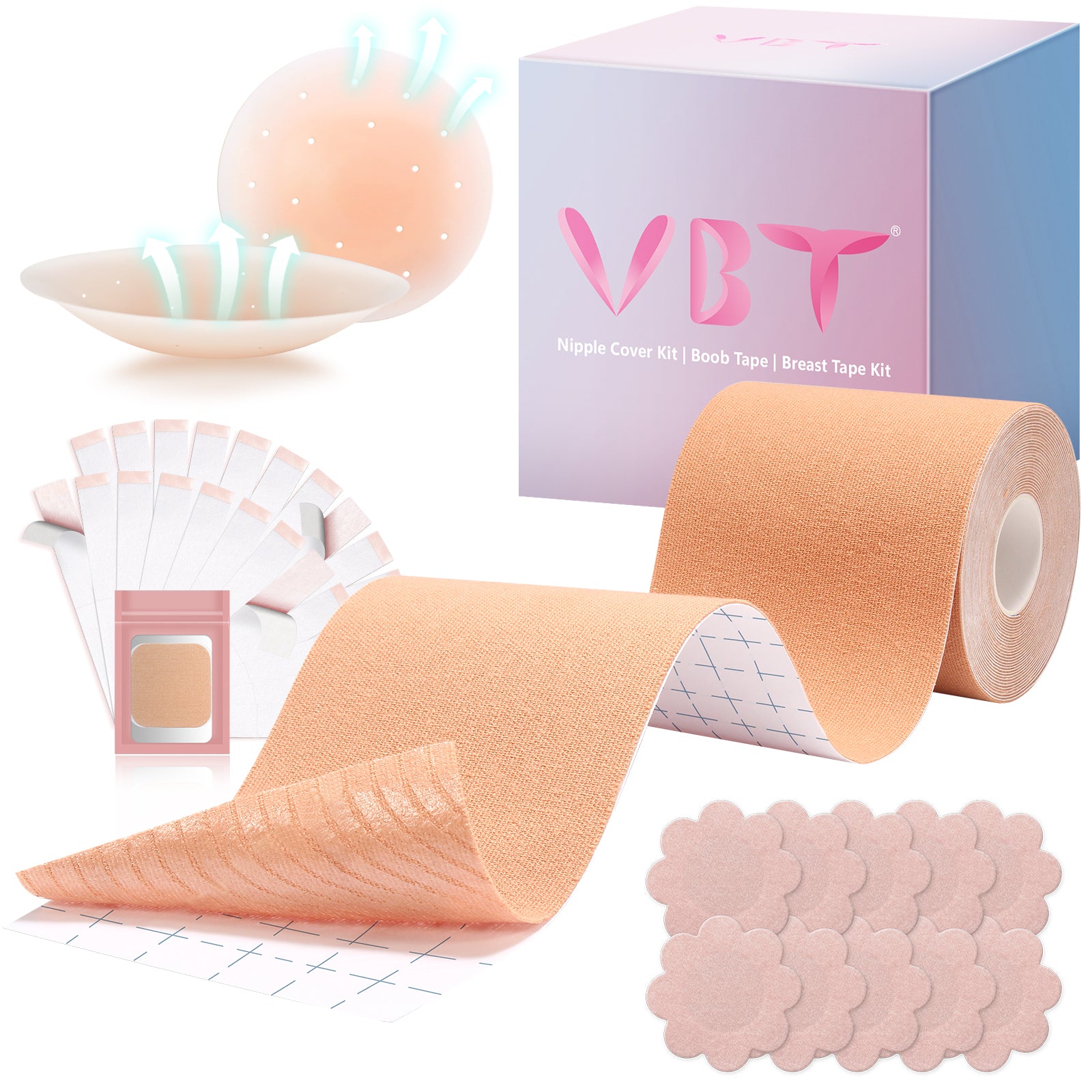 VBT Boob Tape, Body Tape for Breast Lift with 1 Breast Lift Tape, 5 Pairs  Satin Breast Petals, 1 Pair Silicone Nipple Stickers, 24 PCS Double Sided