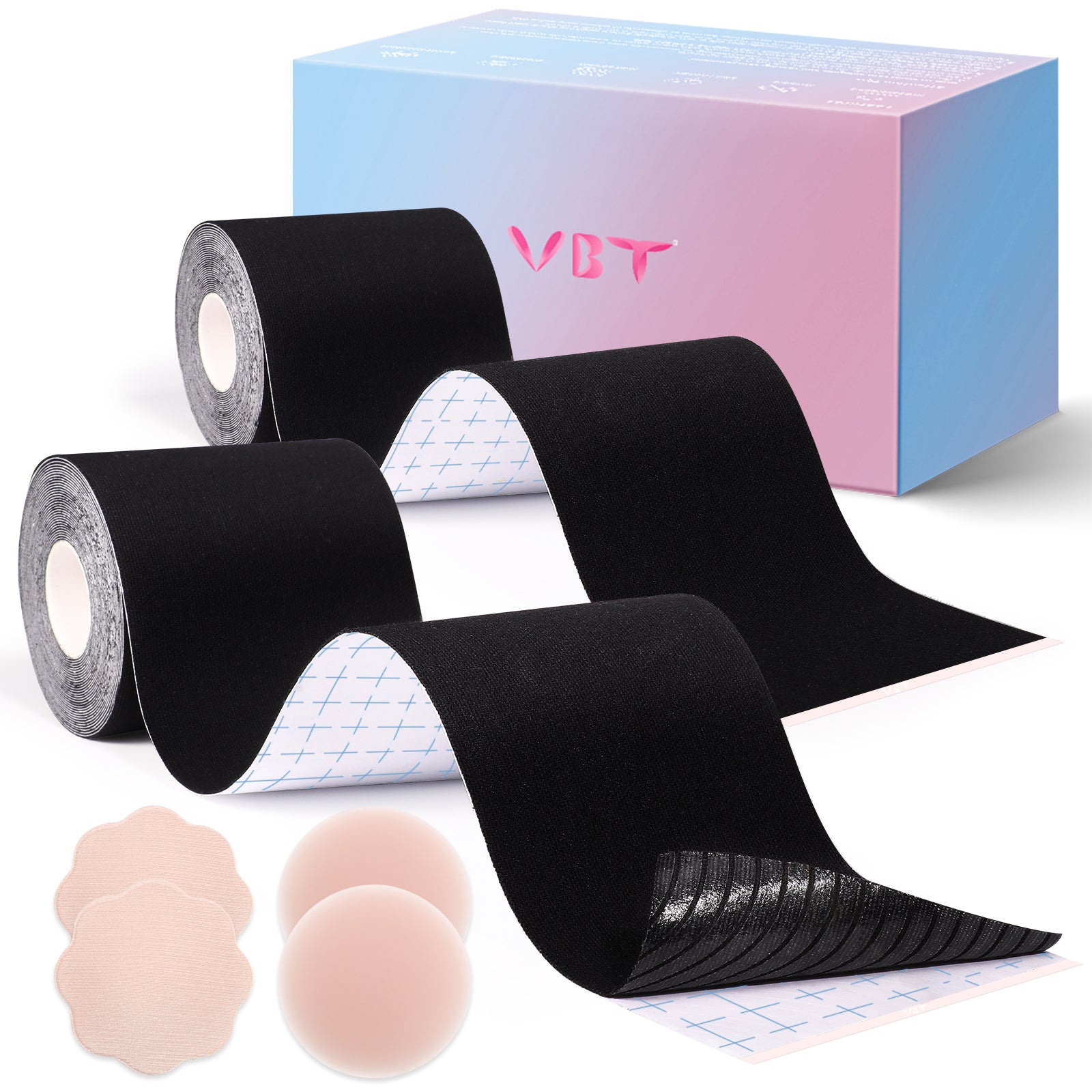 VBT Black Boob Tape Kit- Breast Lift Tape & 2 Pcs Nipple Covers, A-G Cup, Standard