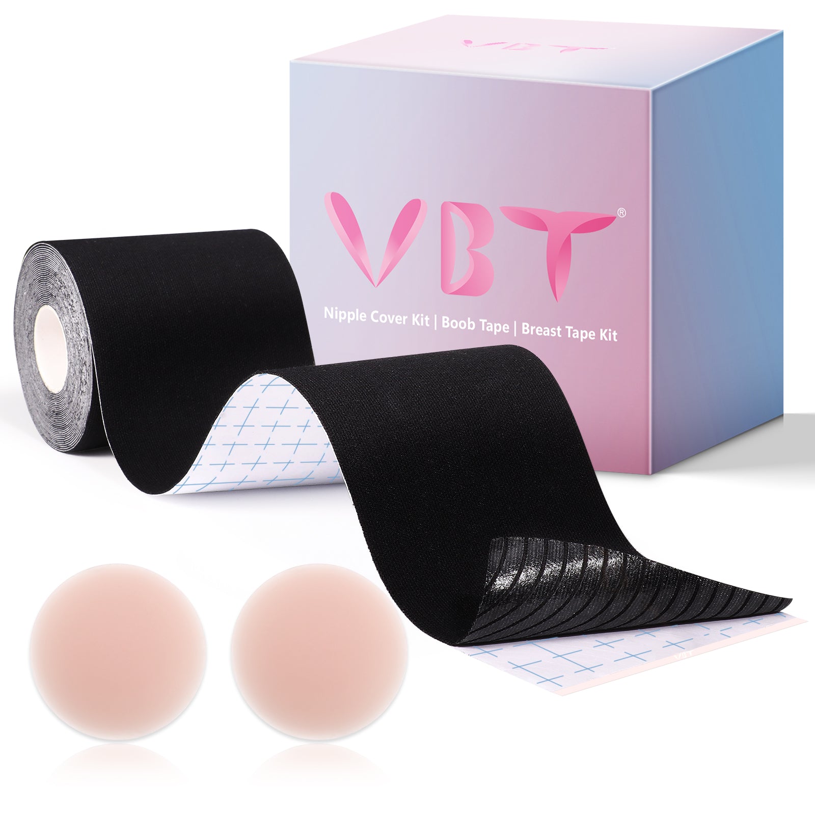 VBT Black Boob Tape Set- Breast Lift Tape & Nipple Covers, A-G Cup, Plus