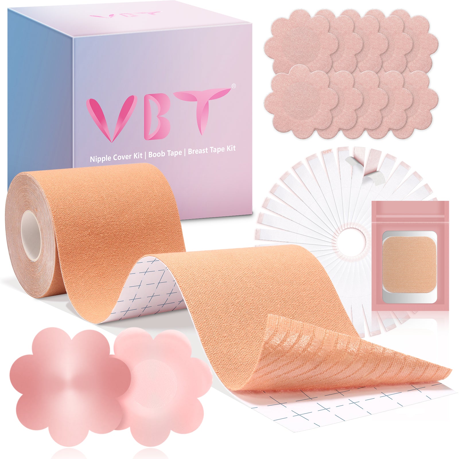 VBT Beige Super Kit-1 Breast Lift Tape, 10 Pairs of Bra Petals, 1 Pair of Nipple Covers, 36 PCS Double Sided Clothing Tape, A-G Cup, Plus