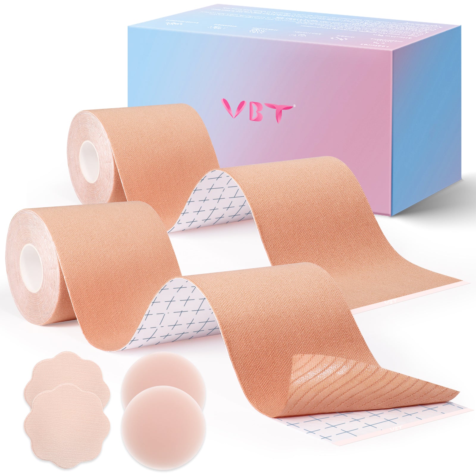 VBT Beige Boob Tape Kit- Breast Lift Tape & 2 Pcs Nipple Covers, A-G Cup, Standard
