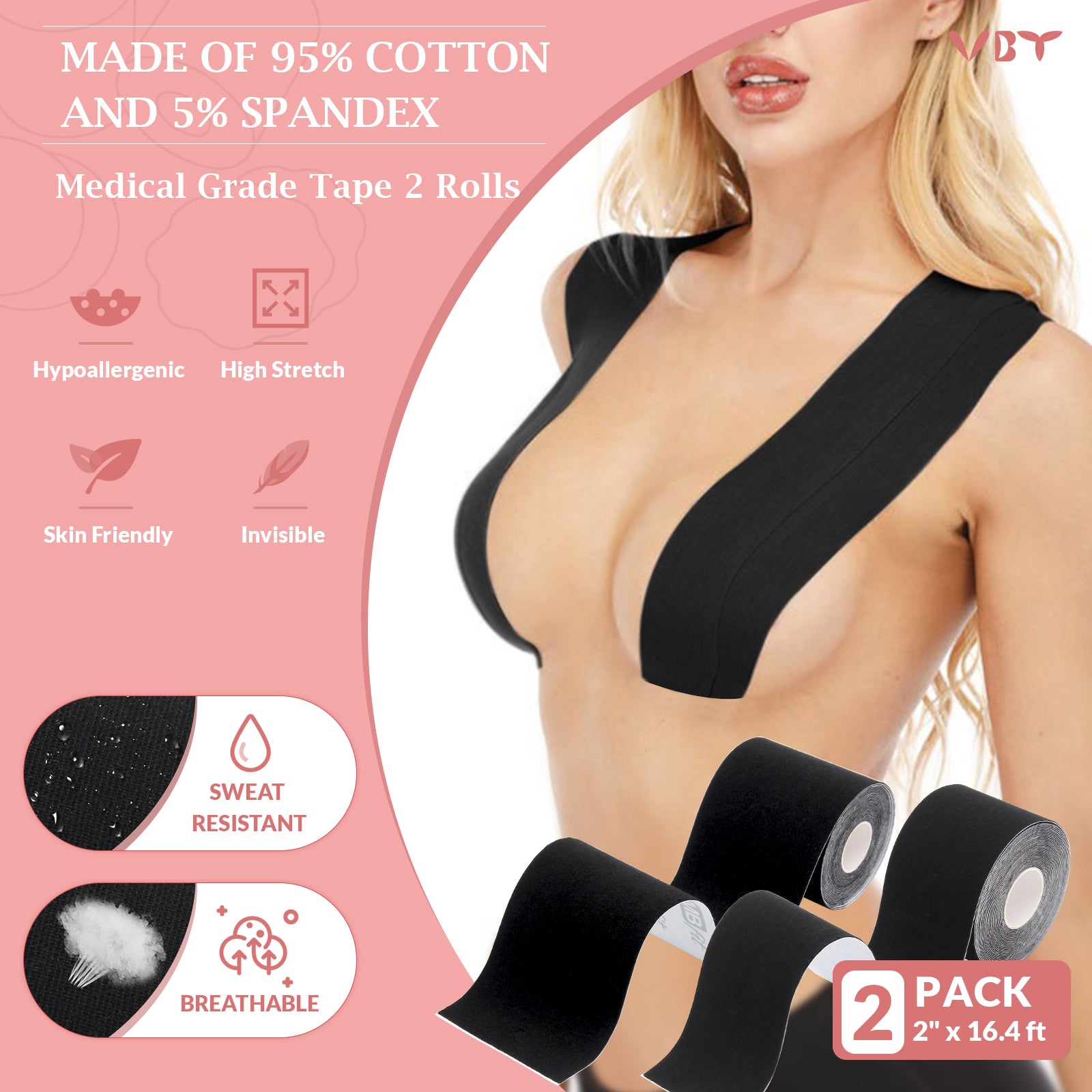 VBT Black Boob Tape Kit- Breast Lift Tape & 2 Pcs Nipple Covers, A-G Cup, Standard