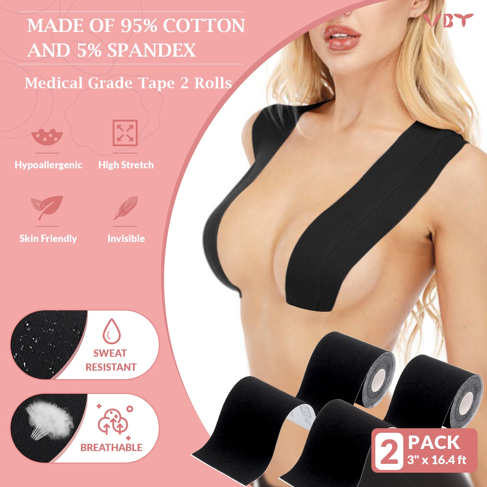 VBT Black Boob Tape Kit- Breast Lift Tape & 2 Pcs Nipple Covers, A-G Cup, Plus