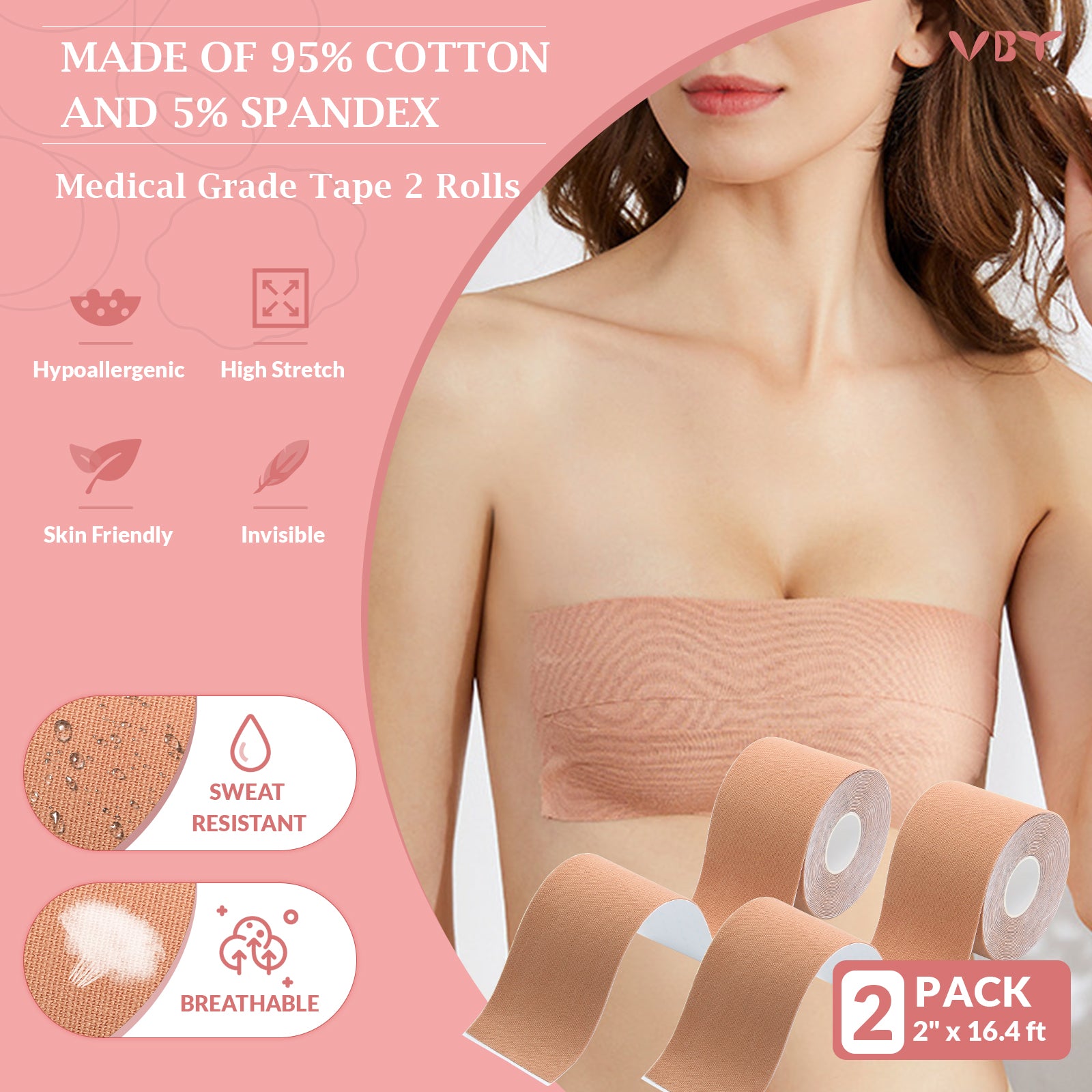 VBT Beige Boob Tape Kit- Breast Lift Tape & 2 Pcs Nipple Covers, A-G Cup, Standard