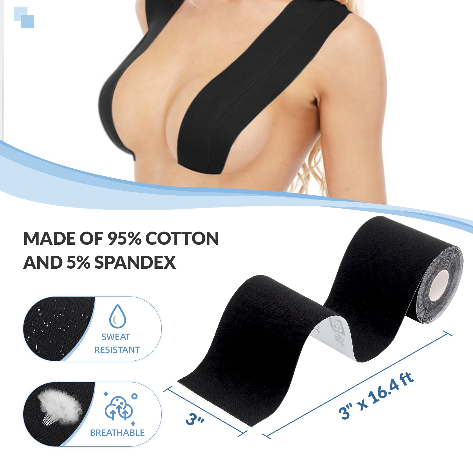 VBT Black Boob Tape Set- Breast Lift Tape & Nipple Covers, A-G Cup, Plus