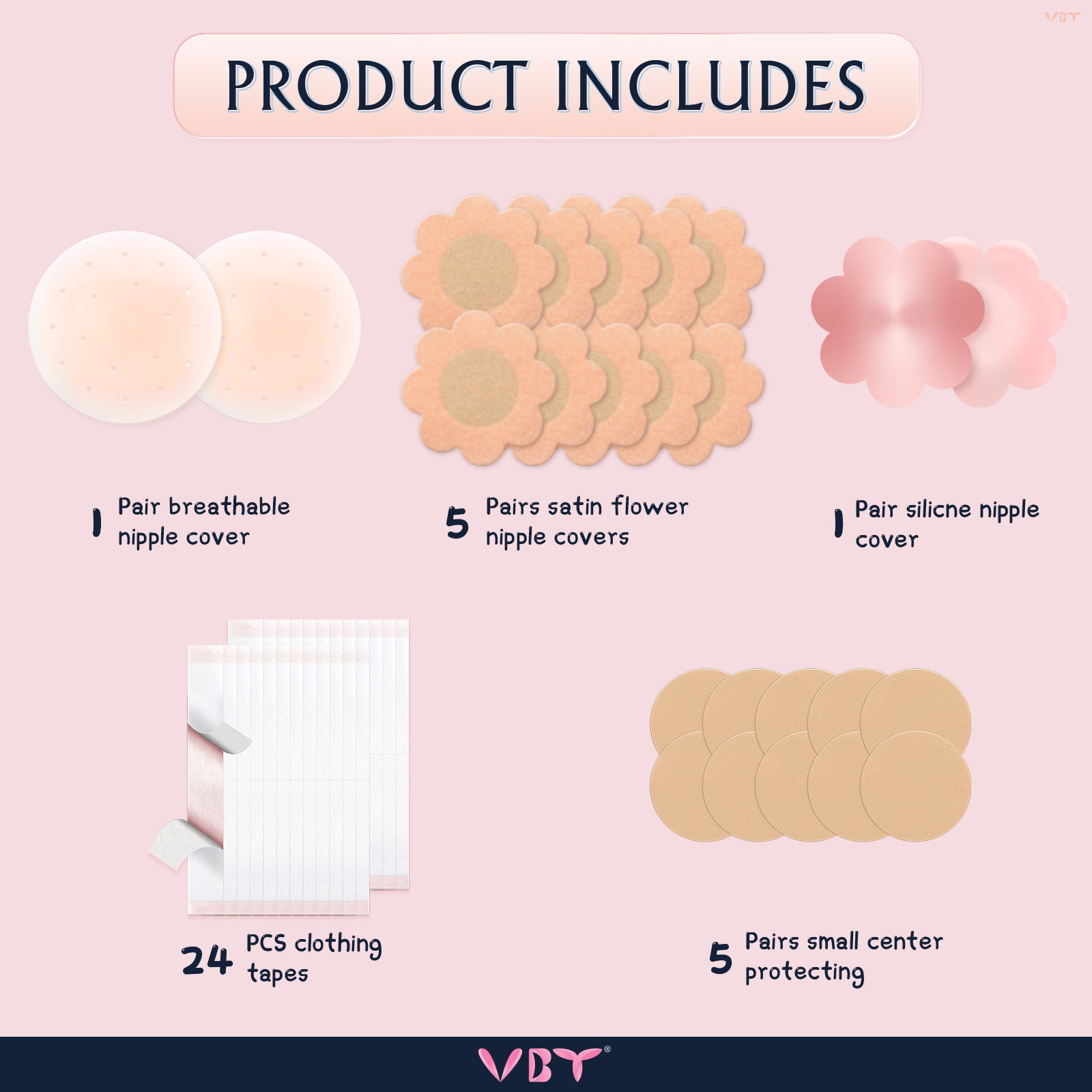 VBT Portable Kit-Washable Nipple Covers, 5 Satin Flower Breast Covers, 1 Silicone Pasties, 24 Pcs Clothing Tape, 5 Protective Nipple Stickers, A-G Cup, Color Champagne