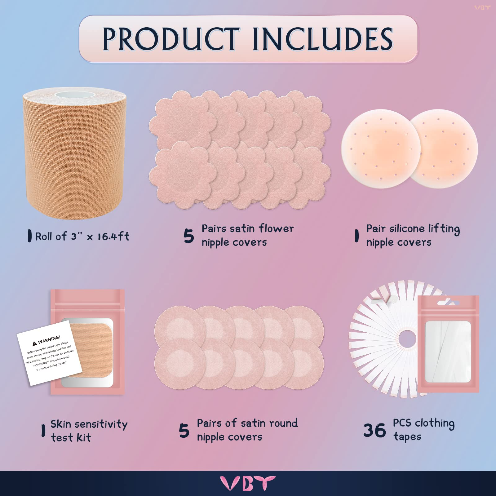 VBT KIT-1 Breast Lift Tape, 5 Pairs of Breast Petals, 1 Pair of Nipple –  VBT BOOB TAPE