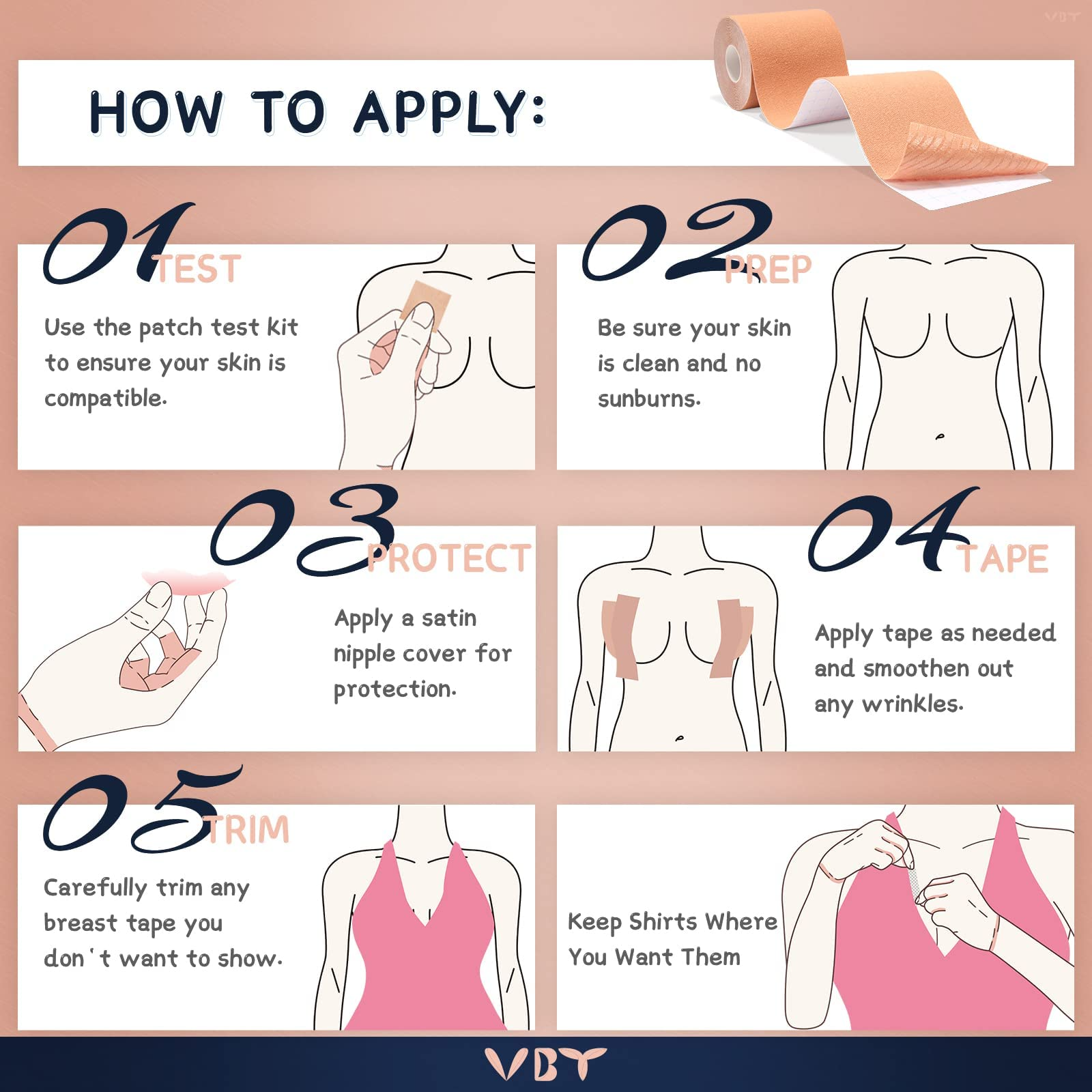 VBT Boob Tape, Replace Your Bra-Instant Breast Tape, Suitable for A-G, Bob Tape for Breast Lift w 1 Breast Lift Tape, 5 Pairs Satin Breast Petals, 1 Pair Silicone Nipple Stickers, 36 PCS Double Sided Tape