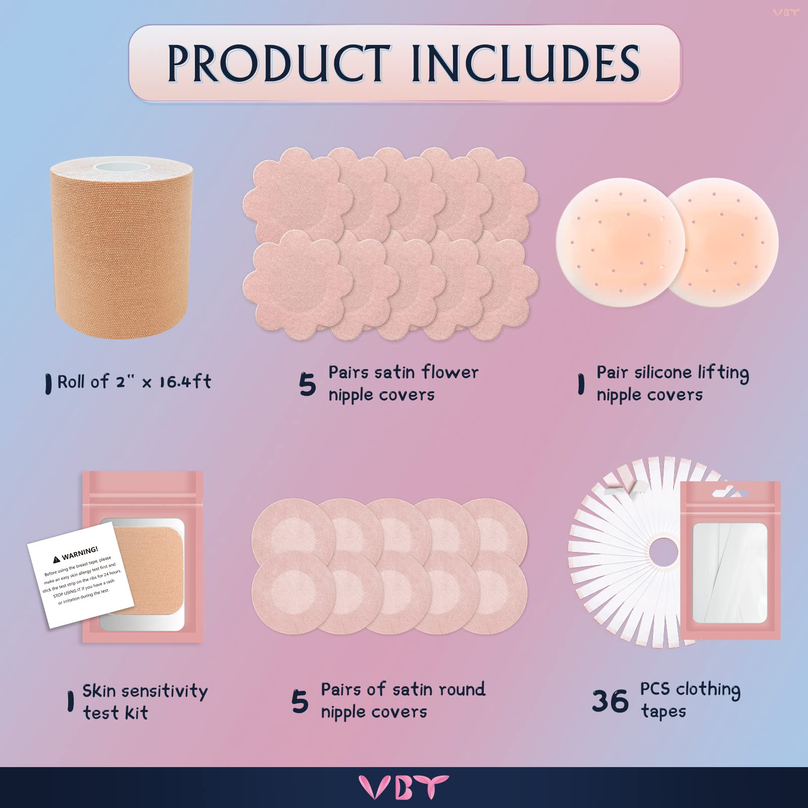 VBT Beige Super Kit-1 Breast Lift Tape, 10 Pairs of Bra Petals, 1 Pair of Nipple Covers, 36 PCS Double Sided Clothing Tape, A-G Cup, Standard